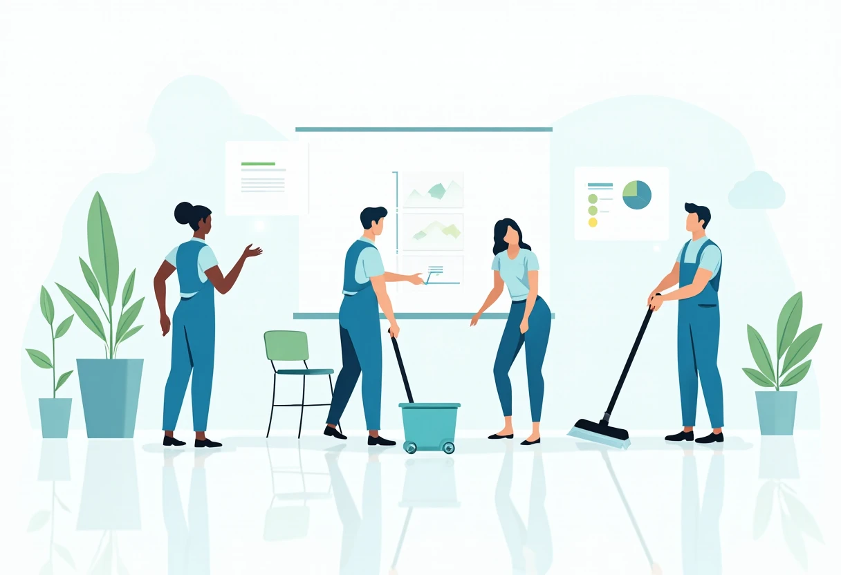 Janitorial team cleaning office